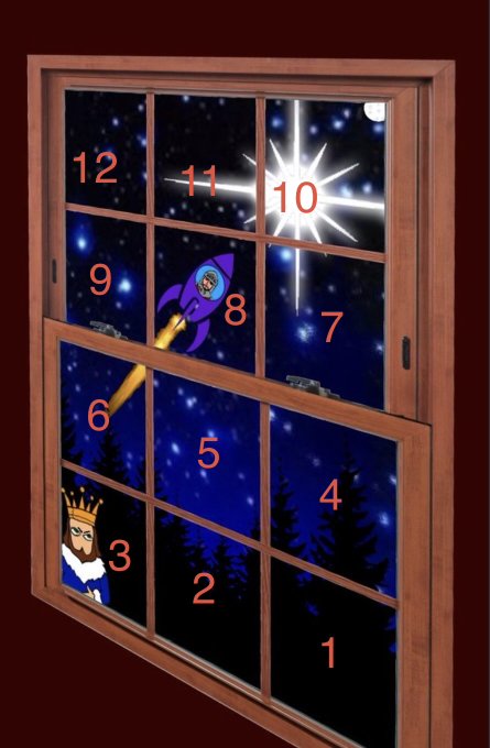 An advent calendar-style windowpane displays a night sky scene with a rocket blasting off toward a bright North Star, a crowned figure, and silhouettes of pine trees, all numbered 1–12 in red. The image visually reinforces the post's message about XRP shining as the North Star in October.