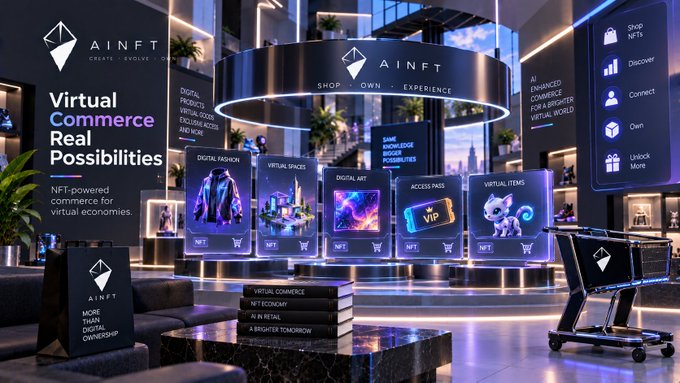 A futuristic virtual commerce showroom branded 'AINFT' displaying NFT-powered products like digital fashion, virtual spaces, digital art, access passes, and virtual items on illuminated screens.