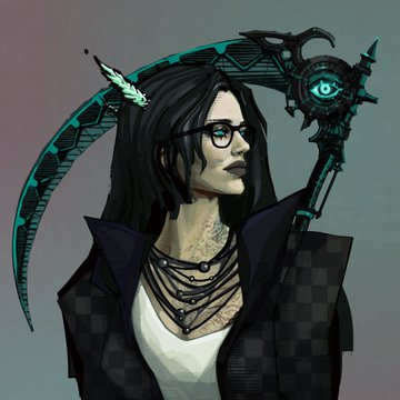 A dark-haired figure wearing glasses, a layered necklace, and a high-collared jacket stands beside an ornate teal-and-black scythe featuring a glowing eye motif, evoking a gothic, reaper-like NFT character that matches the menacing aesthetic of the Sherwood NFT project being promoted.