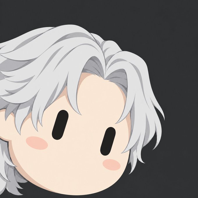 Close-up of an anime-style chibi character with silver hair and black eyes against a dark background.