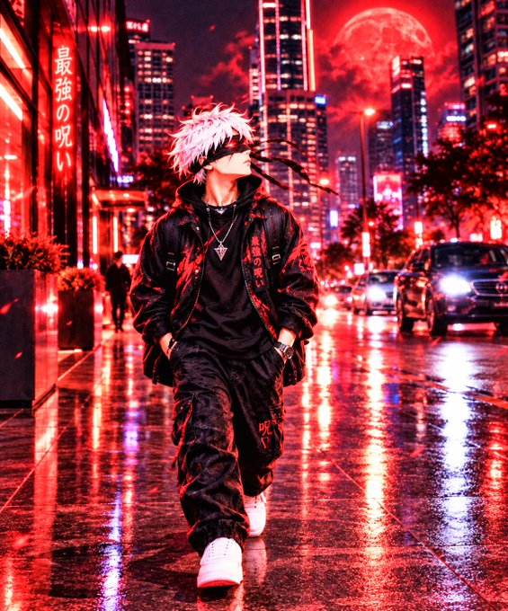 An anime-styled character with spiky white hair and a black blindfold walks down a rain-soaked neon-lit street at night, with Japanese text '最強の呪い' (Strongest Curse) visible on a sign and a blood-red moon looming over skyscrapers.