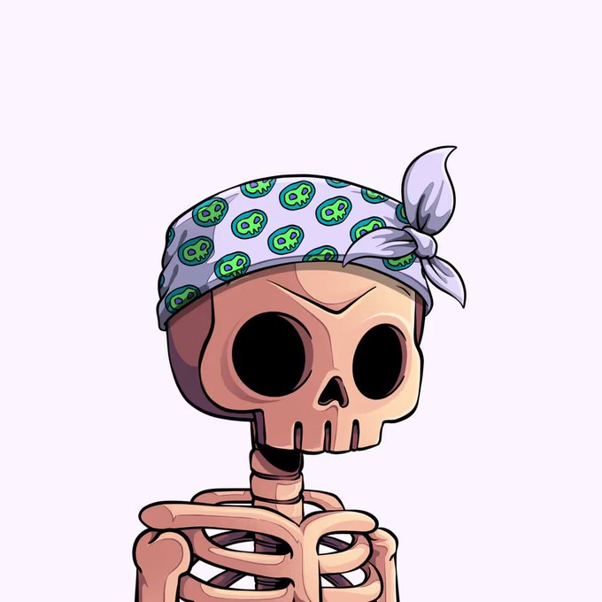 An illustration of a skeleton character wearing a purple bandana patterned with green skulls tied at the top of its head.