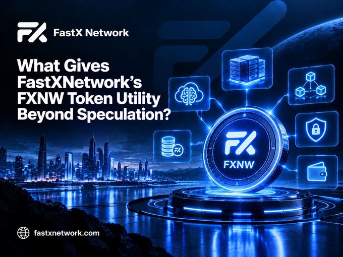 A promotional banner for 'FastX Network' asks 'What Gives FastXNetwork's FXNW Token Utility Beyond Speculation?', featuring a futuristic city background and a glowing FXNW token surrounded by tech icons.