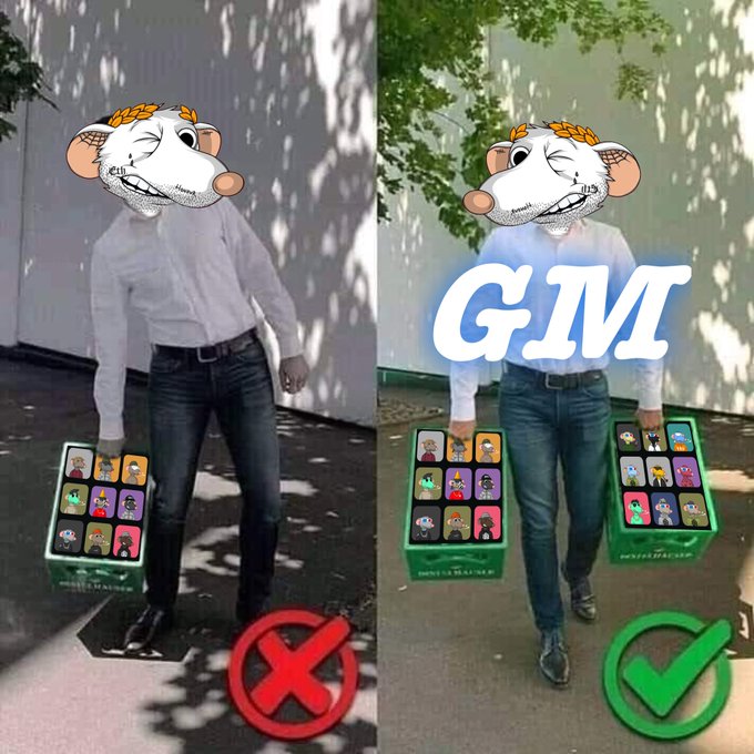A split-image meme showing a figure with a cartoon mouse head carrying a crate of NFT characters; left side marked with a red X, right side marked 'GM' with a green checkmark.