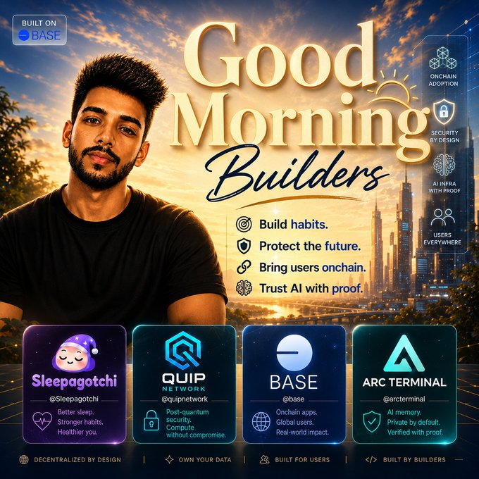 The image features a man with a beard, wearing a black shirt, posing for a photo against a city skyline backdrop. The text "Good Morning Builders" is displayed above him, indicating that he is part of an online community or platform related to building and maintaining digital projects. Below the main image, there are four smaller images representing different Quip logos: one with a blue circle, another with a white square, and two others in shades of purple and green. The text accompanying these images provides information about each logo's purpose within the Quip network.