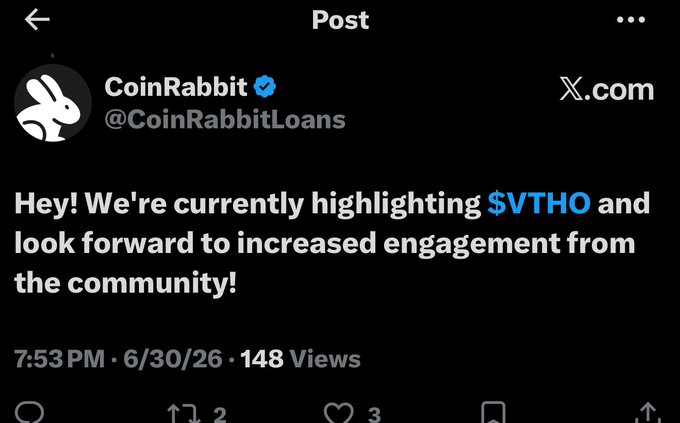 A X.com post by @CoinRabbitLoans (CoinRabbit) stating 'Hey! We're currently highlighting $VTHO and look forward to increased engagement from the community!' dated 6/30/26 with 148 views.