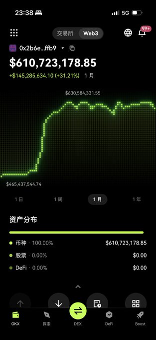 Mobile screenshot of a Web3 cryptocurrency portfolio (OKX wallet) showing a balance of $610,723,178.85 with a +31.21% monthly gain, a 1-month green line chart, and 100.00% token allocation.