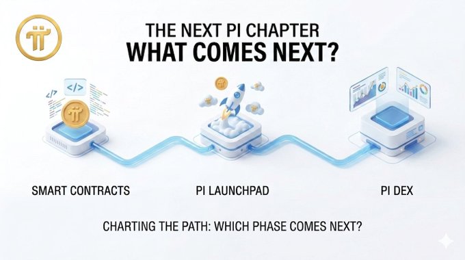 The image, titled "THE NEXT PI CHAPTER: WHAT COMES NEXT?", illustrates Pi Network's roadmap with three 3D icon platforms connected by a blue path, labeled "SMART CONTRACTS," "PI LAUNCHPAD," and "PI DEX," accompanied by the caption "CHARTING THE PATH: WHICH PHASE COMES NEXT?"

This visual directly supports the thread's message by depicting the planned development sequence (Smart Contracts → Pi Launchpad → Pi DEX), visually reinforcing the idea that Pi Network is methodically building toward a decentralized economy through these specific phases.