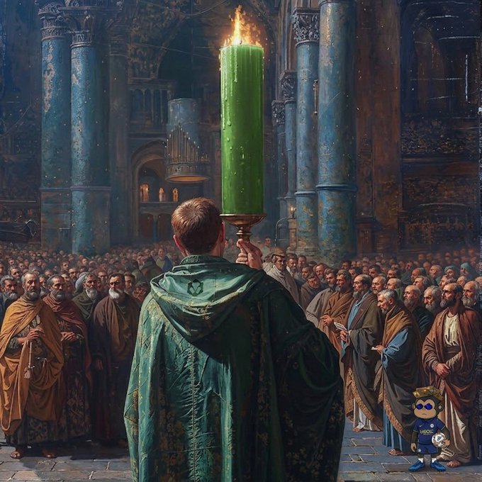 A detailed painting of a religious ceremony in a grand cathedral, featuring a figure in a green cloak holding a large green candle before a massive crowd of onlookers.