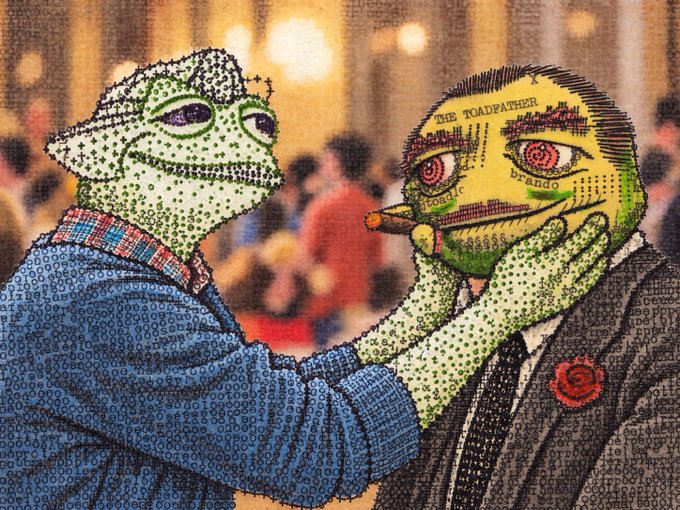 An artwork composed of binary code depicting a green frog (Pepe) wearing a blue sweater grasping the face of a yellow frog-headed figure in a suit with a rose lapel pin, containing text like "THE TOADFATHER" and "Pepe".