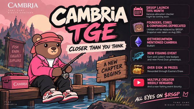 A promotional graphic for 'CAMBRIA TGE: CLOSER THAN YOU THINK' featuring a cartoon bear fishing, with text including '$RSGP LAUNCH THIS MONTH', 'NEW FISHING EVENT', and 'OVER $10K IN PRIZES'.