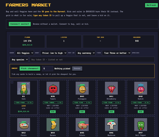 A screenshot of a 'FARMERS MARKET' interface for what appears to be a Veggie NFT marketplace, showing stats like 'FLOOR 100 ETH' and various listed vegetable tokens including Corn, Tomato, Pineapple, Strawberry, and Radish.