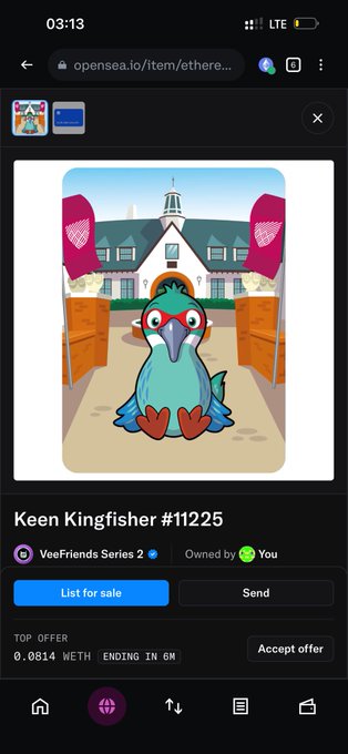 A mobile screenshot from OpenSea showing an NFT listing for 'Keen Kingfisher #11225' from the VeeFriends Series 2 collection, with a top offer of 0.0814 WETH ending in 6 minutes.