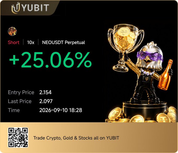The image is a promotional graphic from YUBIT showcasing a winning short trade on the NEO/USDT perpetual pair with 10x leverage, displaying a +25.06% gain (entry at 2.154, exit at 2.097) on September 10, 2026, alongside a golden trophy and a character holding champagne. The post references the VIP group's trading performance, using this result as proof of their service's quality while encouraging deposits of $100+ for access.