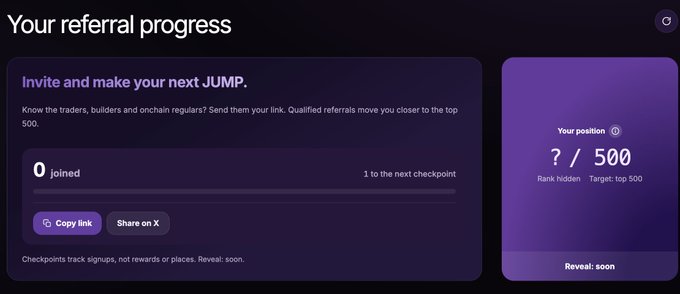 A dark-themed dashboard interface titled 'Your referral progress' showing a rank of '? / 500' and an invite section with 0 joined.