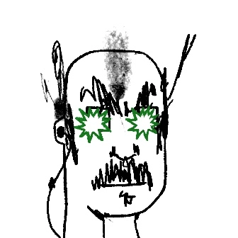 A crude black-and-white digital drawing of a bald figure with wild hair sticking out, scribbled facial hair, and green starburst shapes over the eyes.