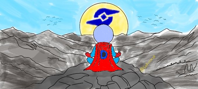 The image features a cartoon character wearing a red cape, sitting atop a mountain with a yellow sun above them. The caption for the image reads "Eyes on the prize. True ownership and decentralized communication aren'T just a dream anymore. @DlicomApp is building a Web3-native ecosystem where creators and users finally get the value they deserve."