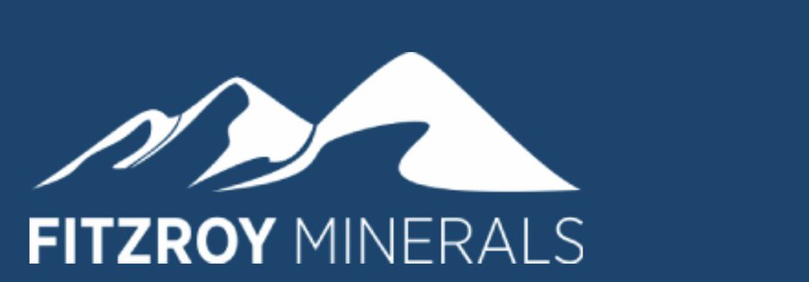 Logo for 'FITZROY MINERALS' featuring a stylized white mountain design on a dark blue background.