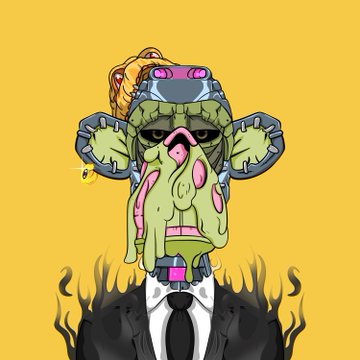 A surreal illustration on a yellow background depicts a figure in a black suit with a flaming, grotesque, and distorted face composed of multiple overlapping eyes, mouths, and horns.