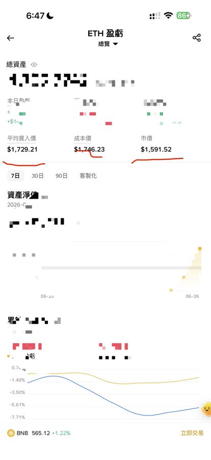 The image shows a Binance portfolio screen for an Ethereum (ETH) account, displaying a total asset value, today's P&L (+$1), average purchase price of $1,729.21, cost value of $1,746.23, and market value of $1,591.52, along with 7-day/30-day/90-day performance charts and a BNB ticker showing 565.12 (+1.22%). The blurred-out asset names and amounts suggest the user is highlighting Binance's history of displaying unnecessary precision in crypto holdings—a feature users have long complained about, as referenced in the caption criticizing the platform.