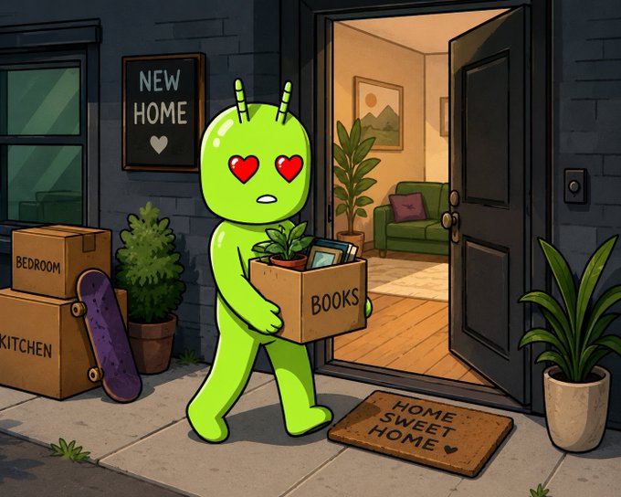 A cartoon illustration of a green alien with heart-shaped eyes moving into a new home, carrying a box labeled 'BOOKS' past other boxes marked 'BEDROOM' and 'KITCHEN', with a 'NEW HOME' sign and 'HOME SWEET HOME' doormat visible.