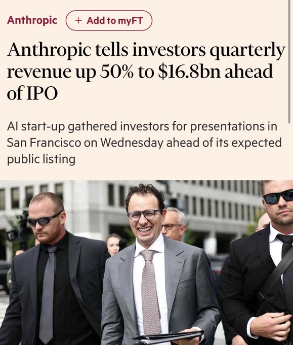 A Financial Times article headlined 'Anthropic tells investors quarterly revenue up 50% to $16.8bn ahead of IPO,' featuring a photo of a smiling man in a suit flanked by security personnel.