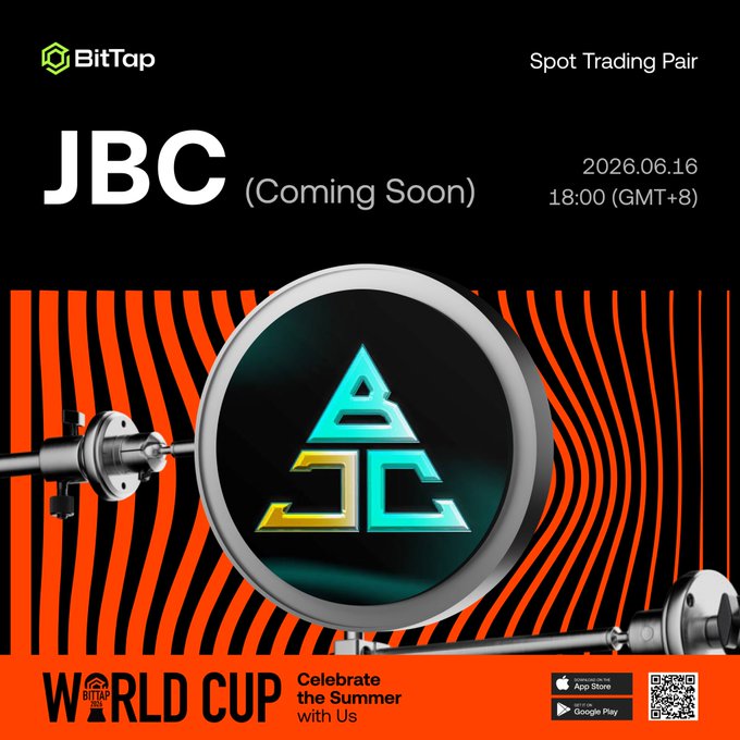 The image features a poster for an upcoming event related to Bitcoin trading, specifically the World Cup of Bitcoin. The poster has a black background with orange stripes, and there are two large circles on the poster - one containing the letters "JBC" in blue and yellow colors, and another containing the words "World Cup" written in white text. The poster also includes an app icon for the hashtag #bitcoinworldcup.