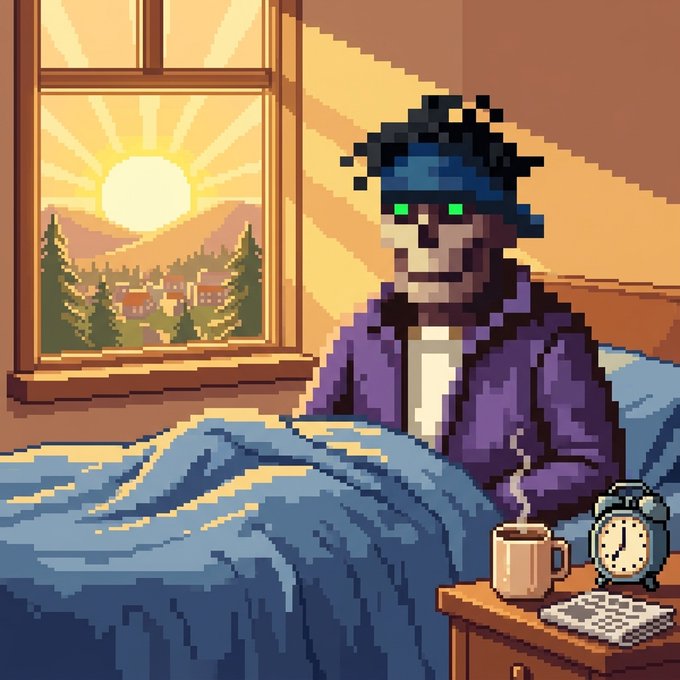 Pixel art shows a skeletal character with glowing green eyes wearing a beanie and purple jacket, sitting up in bed next to a window with a sunrise view.