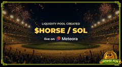 A promotional graphic showing a virtual horse racing stadium at night with fireworks, announcing "$HORSE / SOL" liquidity pool created on Meteora, highlighting the on-chain horse racing game on Solana that offers SOL rewards every 2.5 minutes.