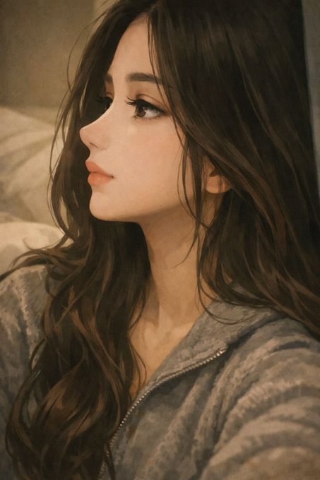 A side-profile portrait of a woman with long, wavy dark brown hair, wearing a gray zip-up hoodie in warm, soft lighting.