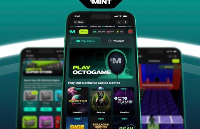 A mobile phone displaying a casino app interface with the header 'MINT' and 'Play Games' / 'Win Stuff' buttons, featuring a 'PLAY OCTOGAME' banner above several game options including 'GALACTIC,' 'OCTOGAME,' 'DICE,' 'PHARAOH'S FORTUNE,' and 'REAM.'
