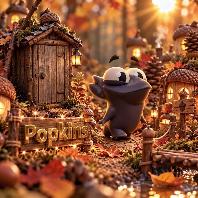 A 3D-rendered autumn scene titled 'Popkins' featuring a cute, large-eyed creature in a magical forest village with wooden cabins and pinecones.