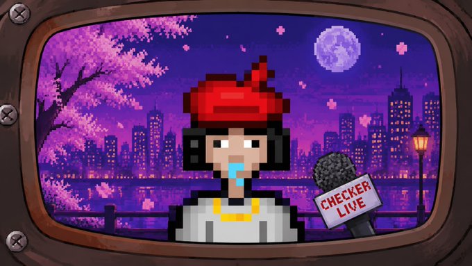 A pixel-art character in a red beret stands before a purple night cityscape with cherry blossoms and a full moon, displayed on a retro TV screen, while a microphone labeled "CHECKER LIVE" appears at the right—visually promoting the live launch event mentioned in the post for the 8BitArt project on OpenSea.