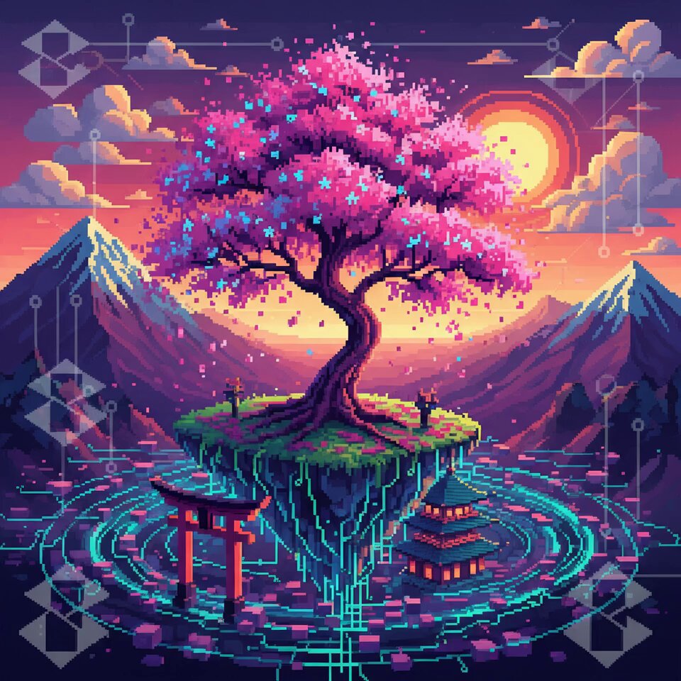 The image features a digital art piece that depicts an island surrounded by water, with a large tree growing at its center. The tree has pink flowers blooming from its branches, adding a vibrant touch of color to the scene. In addition to the tree, there are two small buildings situated on the island, possibly serving as a residence or a place for some sort of gathering. 

The post also mentions that this artwork is exclusive and counts toward the Soneium Score Season 11, which means it's a limited edition piece created specifically for the season. The artist has used pixelated style to create an interesting and unique visual experience.