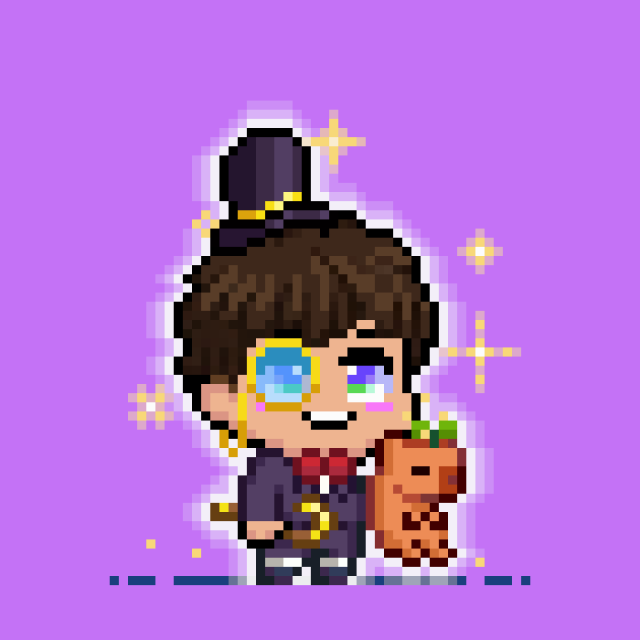 Pixel art of a character with brown hair, a top hat, and a monocle holding a small dog, set against a purple background with sparkles.