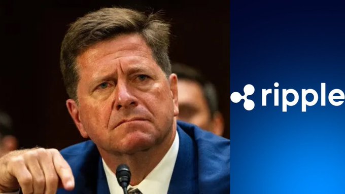 The image shows a man in a blue suit (identified in the post as Jay Clayton) alongside the Ripple logo, with text suggesting his confirmation as the 9th Director of National Intelligence and noting his prior role as SEC Chair who initiated the lawsuit against Ripple.