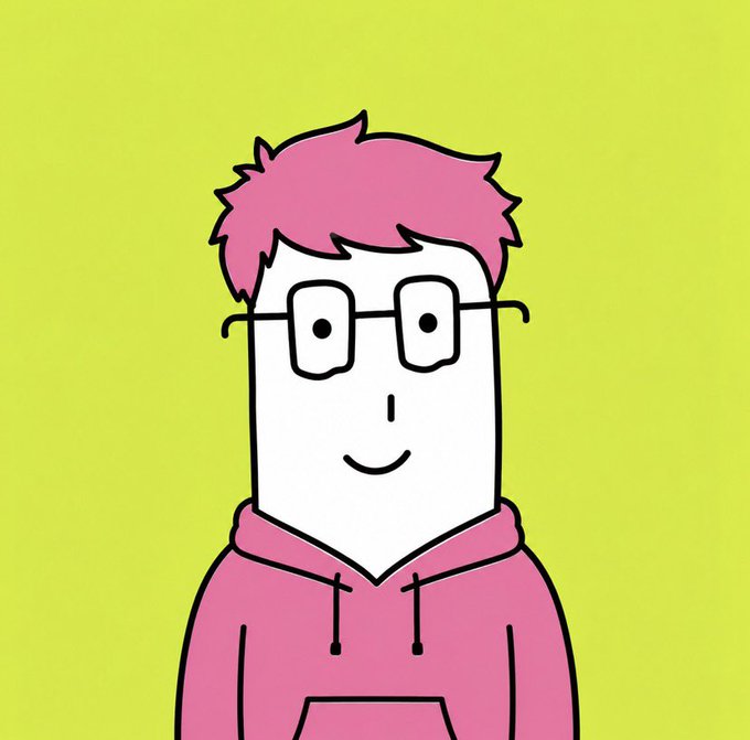 A simple cartoon avatar of a smiling person with pink hair, square glasses, and a pink hoodie on a yellow-green background.