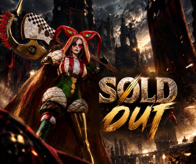 A fierce warrior jester figure in red, green, and gold armor holds a massive axe against a dark, apocalyptic backdrop, with the bold text "SOLD OUT" displayed prominently, celebrating the sold-out status of the mint referenced in the post.
