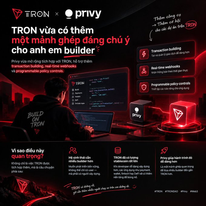 A promotional graphic for 'TRON x privy' announcing new support for transaction building, real-time webhooks, and programmable policy controls, featuring a developer at a laptop and hashtags like #TRON, #TRONDAO, #Privy, and #Web3.