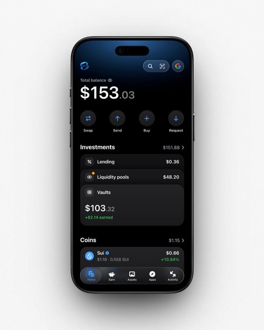 A smartphone displays the Slush crypto wallet interface with a total balance of $153.03, including $103.32 across vaults and a listed SUI coin worth $0.66. The accompanying post says the SlushWallet team reached out for a chat, apparently in relation to the wallet app.