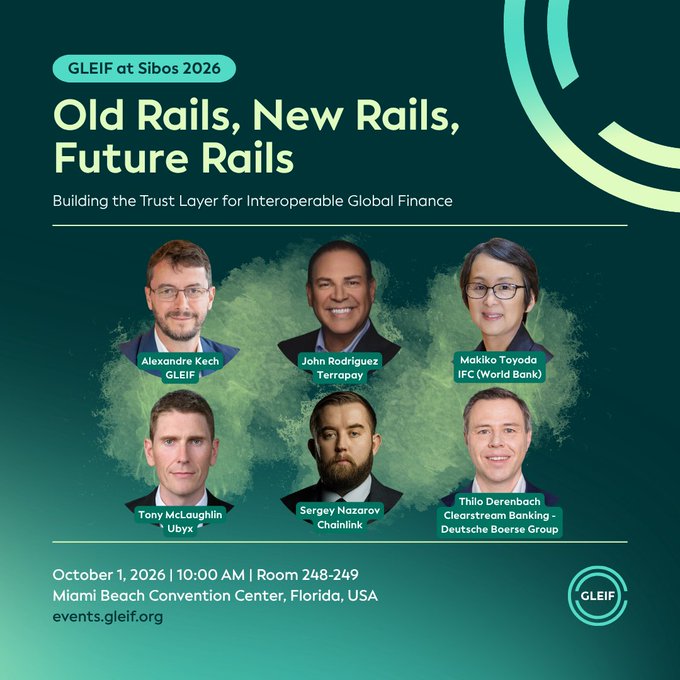 A GLEIF promotional graphic for Sibos 2026 announces the panel "Old Rails, New Rails, Future Rails: Building the Trust Layer for Interoperable Global Finance," featuring speakers Alexandre Kech (GLEIF), John Rodriguez (Terrapay), Makiko Toyoda (IFC World Bank), Tony McLaughlin (Ubyx), Sergey Nazarov (Chainlink), and Thilo Derenbach (Clearstream Banking - Deutsche Boerse Group), scheduled for October 1, 2026, at 10:00 AM in Room 248-249 at the Miami Beach Convention Center, Florida, USA.