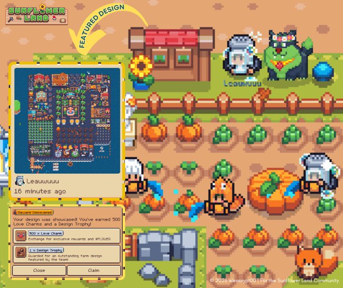 Screenshot from the game 'SUNFLOWER LAND' showcasing a 'FEATURED DESIGN' by 'Leauuuuu,' displaying a detailed pixel-art farm layout with rewards of 500 Love Charms, 500 xLove Charm, and an LV. Design Trophy.