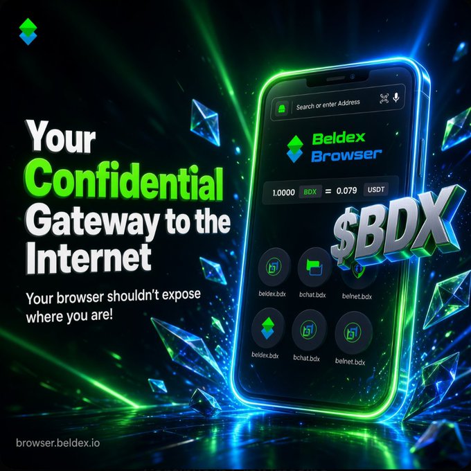 A promotional image for the Beldex Browser, marketing it as 'Your Confidential Gateway to the Internet' with the tagline 'Your browser shouldn't expose where you are!' and showing a $BDX token exchange rate of 1.0000 BDX = 0.079 USDT.