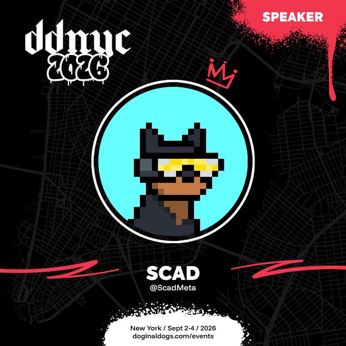 A promotional graphic for 'ddmyc 2026' featuring a pixel art character wearing sunglasses inside a teal circle, with text identifying 'SCAD @ScadMeta' as a speaker at an event in New York on Sept 2-4, 2026.