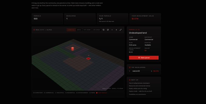 A game interface showing a 3D grid map with a parcel selection system, displaying stats like 500 parcels, 1 developed, 1/1 hours passed, and $2.671k development value, with details for an "Undeveloped land" commercial parcel.