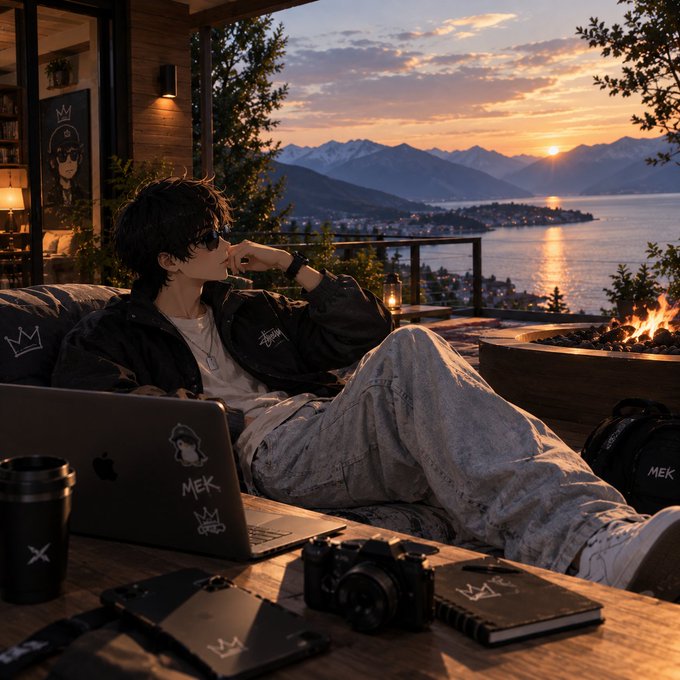 An anime-style illustration of a young man with dark hair and sunglasses lounging on a balcony with a MacBook, camera, and notebooks, overlooking a sunset mountain lake scene.
