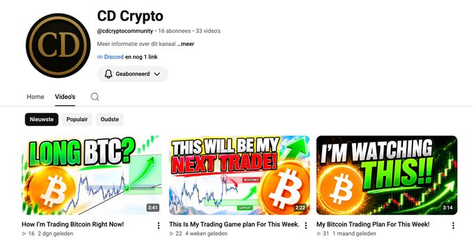 A YouTube channel page for 'CD Crypto' (@cdcryptocommunity) featuring video thumbnails about Bitcoin trading strategies including 'LONG BTC?' and 'THIS WILL BE MY NEXT TRADE'.