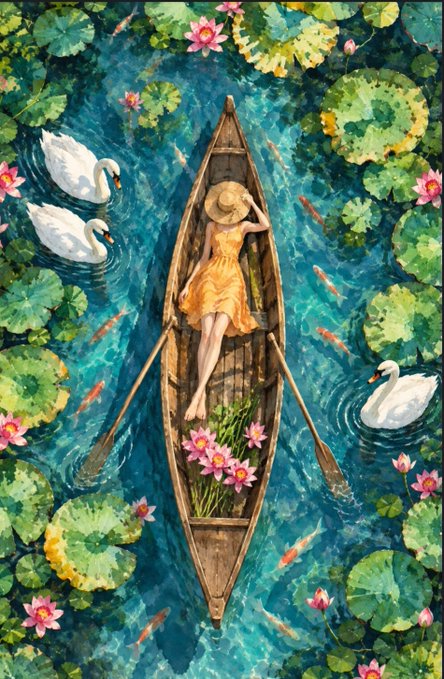 An overhead watercolor-style painting depicting a woman in a yellow dress and sun hat reclining in a wooden rowboat, surrounded by swans, koi fish, pink lotus flowers, and lily pads on a blue pond.