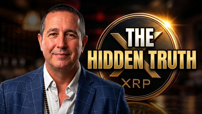 A YouTube thumbnail featuring a man in a blue plaid blazer next to a gold logo that reads "THE HIDDEN TRUTH" with a stylized "X" and "XRP" underneath.