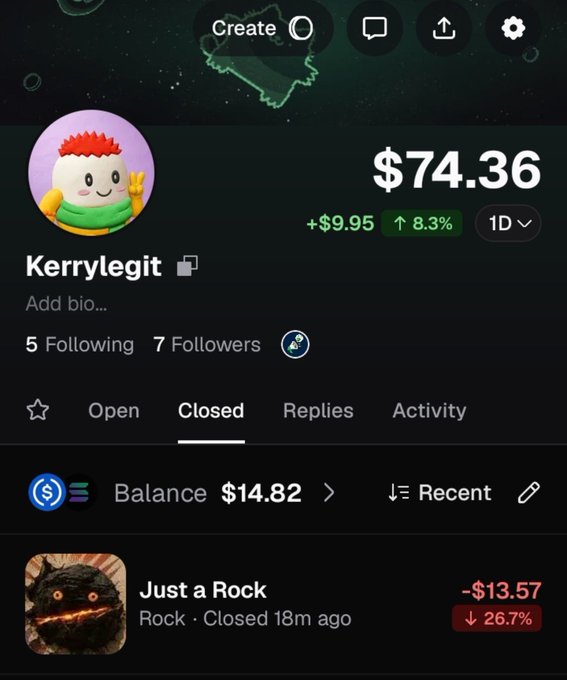 A mobile app screenshot showing a profile for 'Kerrylegit' with a balance of $74.36 (+8.3%), 5 following, 7 followers, and a closed position listed as 'Just a Rock' with a loss of $13.57.